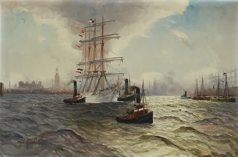Alfred Jensen, View of Hamburg habour with a sailing ship and tugs