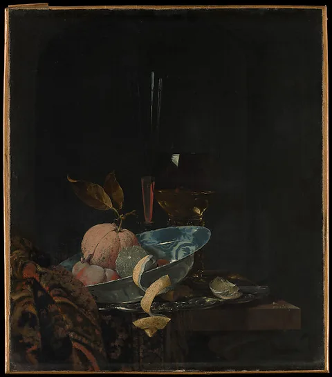 Willem Kalf, Still Life with Fruit, Glassware, and a Wanli Bowl