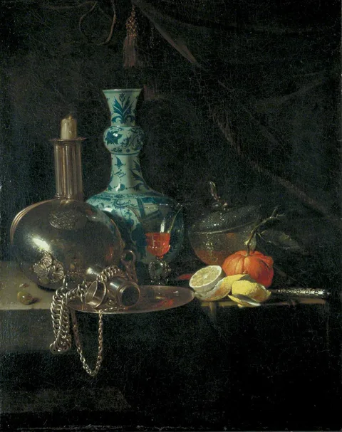 Willem Kalf, Still Life with a Pilgrim Flask, Candlestick, Porcelain Vase and Fruit