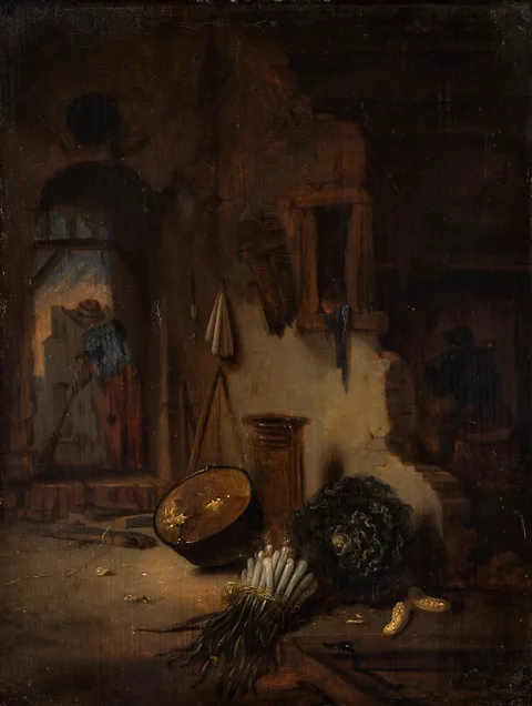 Willem Kalf, Kitchen Interior with Woman sweeping
