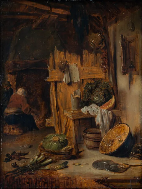 Willem Kalf, Kitchen Interior with Woman by the Hearth