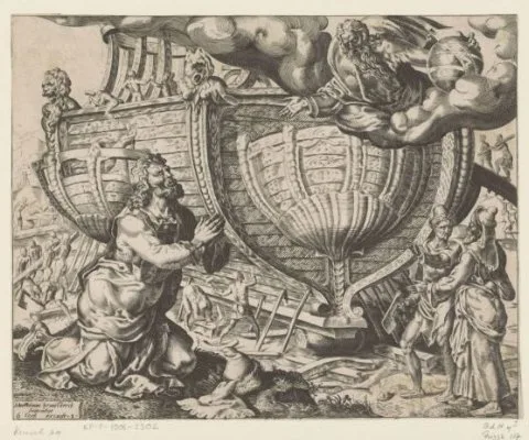 Cornelis Cort, God draagt Noach op de ark te bouwen