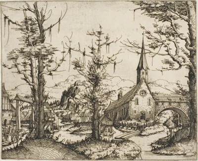 Augustin Hirschvogel, Landscape with a Church and Covered Bridge
