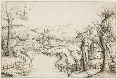 Augustin Hirschvogel, Landscape with a Curved Wooden Bridge