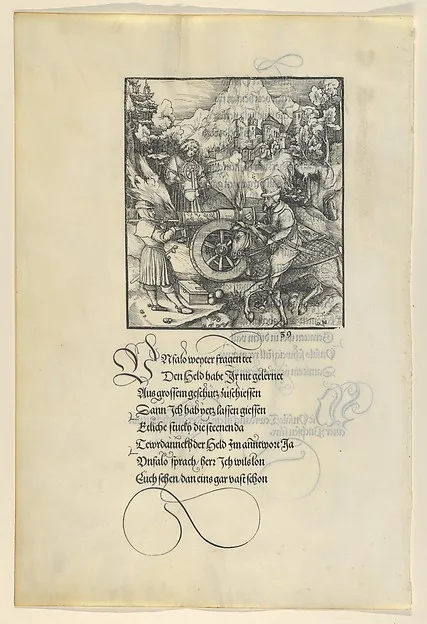 Hans Leonhard Schäufelein, Unfalo Endangering Theuerdanck While Firing a Cannon, from Theuerdanck