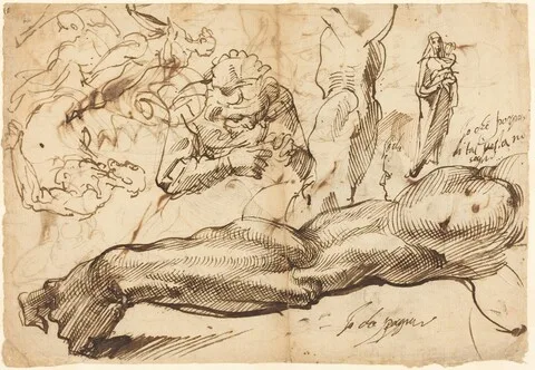 Bartolomeo Passarotti, Studies of a Left Arm, a Young Woman, a Madonna and Child, a Face in Profile, and Nude Figures