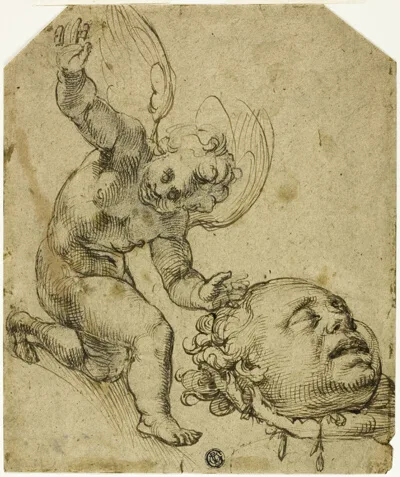 Bartolomeo Passarotti, Two Sketches: Kneeling Putto Holding a Head (recto) Details of a Nude Male Child (verso)