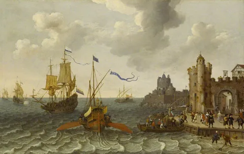 Abraham Willaerts, A French Galley and Dutch Men-of-War off a Port
