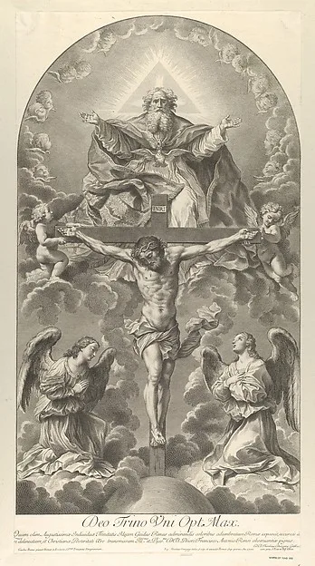 Nicolas Dorigny, The Holy Trinity; Christ on the cross flanked by two angels, the Holy Spirit as a dove and God in heaven above the cross, a rectangular composition with half-circle at the top, after Reni