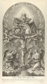 Nicolas Dorigny, The Holy Trinity; Christ on the cross flanked by two angels, the Holy Spirit as a dove and God in heaven above the cross, a rectangular composition with half-circle at the top, after Reni