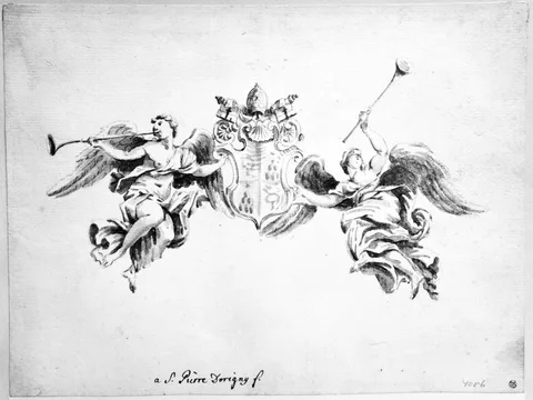 Nicolas Dorigny, Två figurer symboliserande Ryktet, hållande påven Alexander VII:s vapensköld