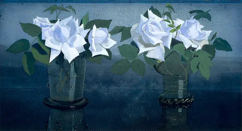 Jan Voerman, White roses in two glass vases