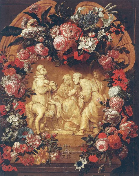 Jan Baptist Bosschaert, Garland of flowers surrounding a cartouche of the Presentation of Jesus at the Temple