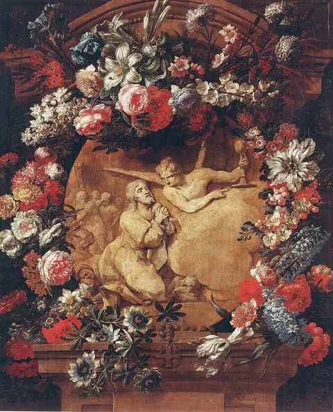 Jan Baptist Bosschaert, Garland of flowers surrounding a cartouche of Jesus in the Garden of Olives
