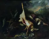 Baldassare de Caro, Still life with game, including a wild boar and dead hare, in a landscape