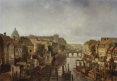 Albert Schwendy, View from Royal mills at the Mühlendamm to the Lange Brücke in Berlin