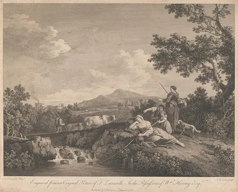 François Vivares, A Group of Peasants, One sleeping, on a River Bank