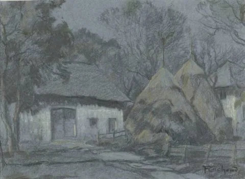 François Cachoud, Hooibergen bij een boerenhuis bij maanlicht