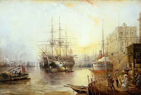 Claude Thomas Stanfield Moore, The training ship 'Fisgard' (?) off the Royal Naval College, Greenwich, in 1877