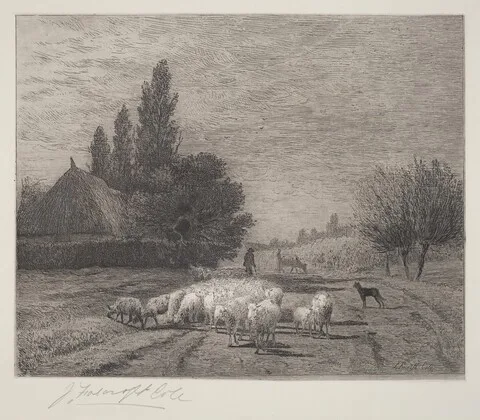 Joseph Foxcroft Cole, Village Street in France With a Flock of Sheep