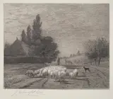 Joseph Foxcroft Cole, Village Street in France With a Flock of Sheep