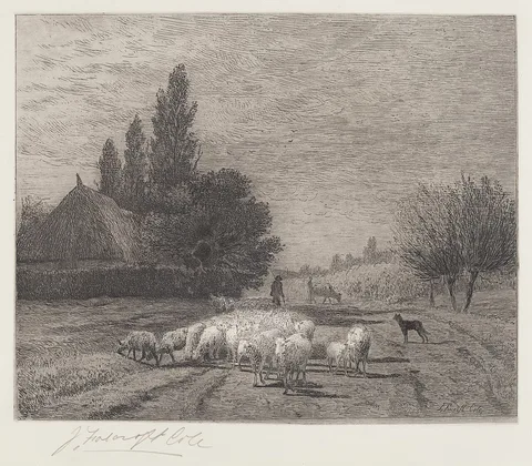 Joseph Foxcroft Cole, Village Street in France With a Flock of Sheep
