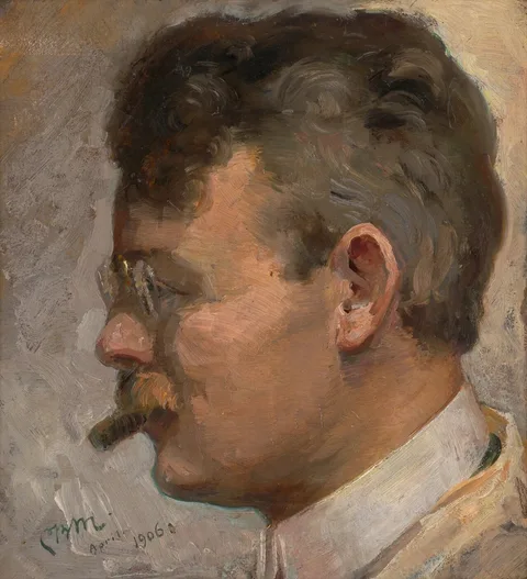 Carl Budtz-Møller, Self-Portrait in a Painter's Smock with Pince-Nez and Cigar.