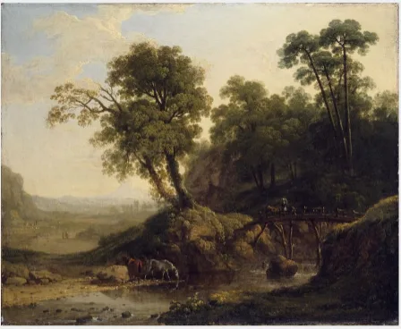 Thomas Roberts, Landscape with a River and Horses by a Wooden Bridge