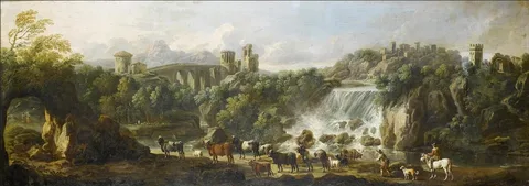 Cajetan Roos, Landscape with Tivoli waterfall and rocky crag in the shape of a rabbit with cows
