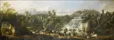 Cajetan Roos, Landscape with Tivoli waterfall and rocky crag in the shape of a rabbit with cows