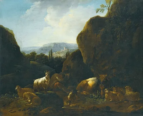 Cajetan Roos, A LANDSCAPE WITH A FLOCK OF SHEEP AND GOATS