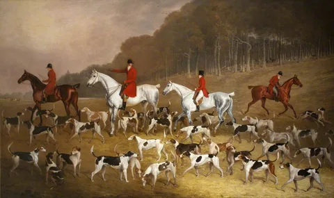 Edwin Cooper, Sir Jacob Astley, 6th Bt, 16th Baron Hastings (1797-1859) on his Grey Hunter with Huntsmen and Hounds at Melton Constable