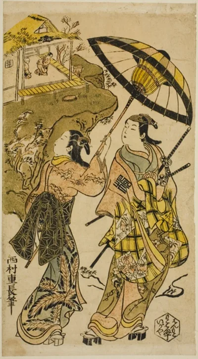 Nishimura Shigenaga, The Portrait of Actors at the Ogura Cottage