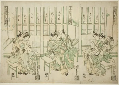 Nishimura Shigenaga, Set of Three, Love Birds in Three Kinds of Music (Sampukutsui hiyoku no san kyoku)