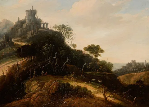 Abraham Blommaert, An imaginary mountainous landscape, with figures, animals, and castle ruins beyond