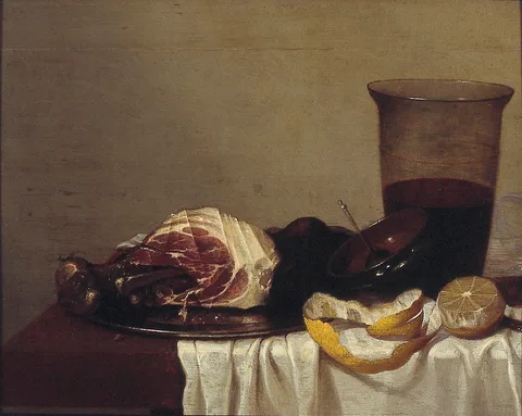 Gerrit van Vucht, Still Life with Ham, a Glass of Beer, and a Lemon