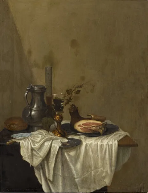 Gerrit van Vucht, Still life with a pewter jug, roemers and a leg of ham