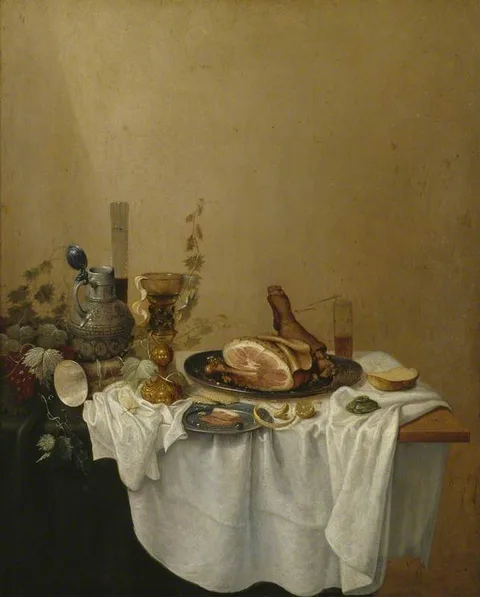 Gerrit van Vucht, Still life with stoneware jug, bekerschroef, glassware and a leg of ham