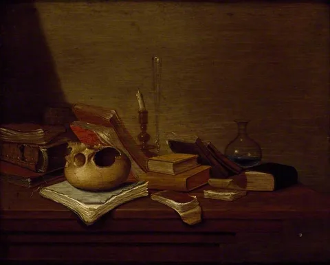 Gerrit van Vucht, Still life with skull, books, candle and a flask