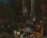 Pieter Gysels, Still Life with Vegetables before a Draped, Overturned Plinth by an Ornamental Fountain