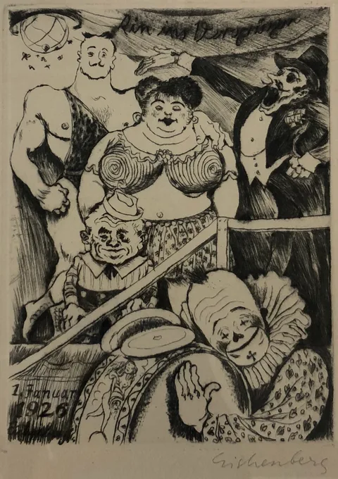Fritz Eichenberg, Circus Scenes - Body building, lady, little person, clown, presenter [Title in German on banner]