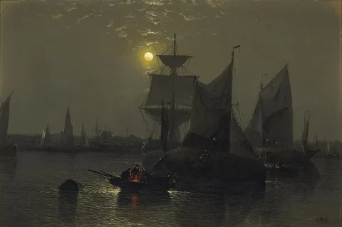 Abraham Hulk, Sailing vessels in a moonlit harbor with fishermen and their boats in the foreground