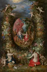 Hendrik van Balen, Garland of Flowers around an Allegory of Farming