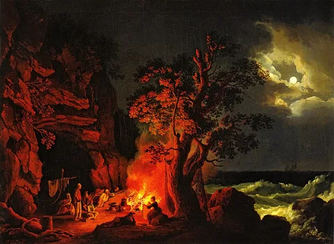 Jakob Philipp Hackert, Fisher Family at Nighttime Campfire with Turbulent Sea
