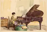 Urushibara Mokuchu, Girl Playing a Piano by Y Urushibara - Urushibara Mokuchu