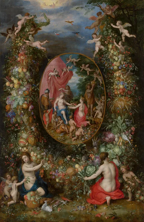 Hendrick van Balen, Garland of Flowers around an Allegory of Farming