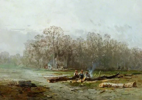 Eugène Deshayes, Misty Landscape with Woodcutters around a Fire
