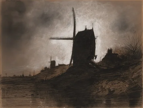 Eugène Deshayes, Windmills in a Landscape