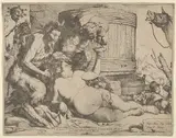 Jusepe de Ribera, The Drunken Silenus holding a cup aloft into which a Satyr pours wine