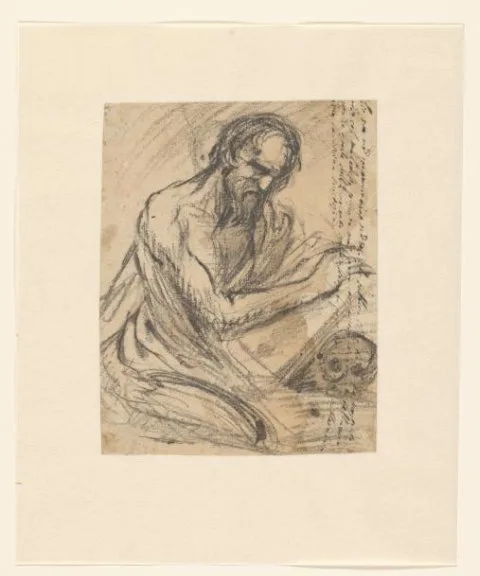 Jusepe de Ribera, H. Hieronymus, schrijvend in een boek dat hij boven een schedel houdt